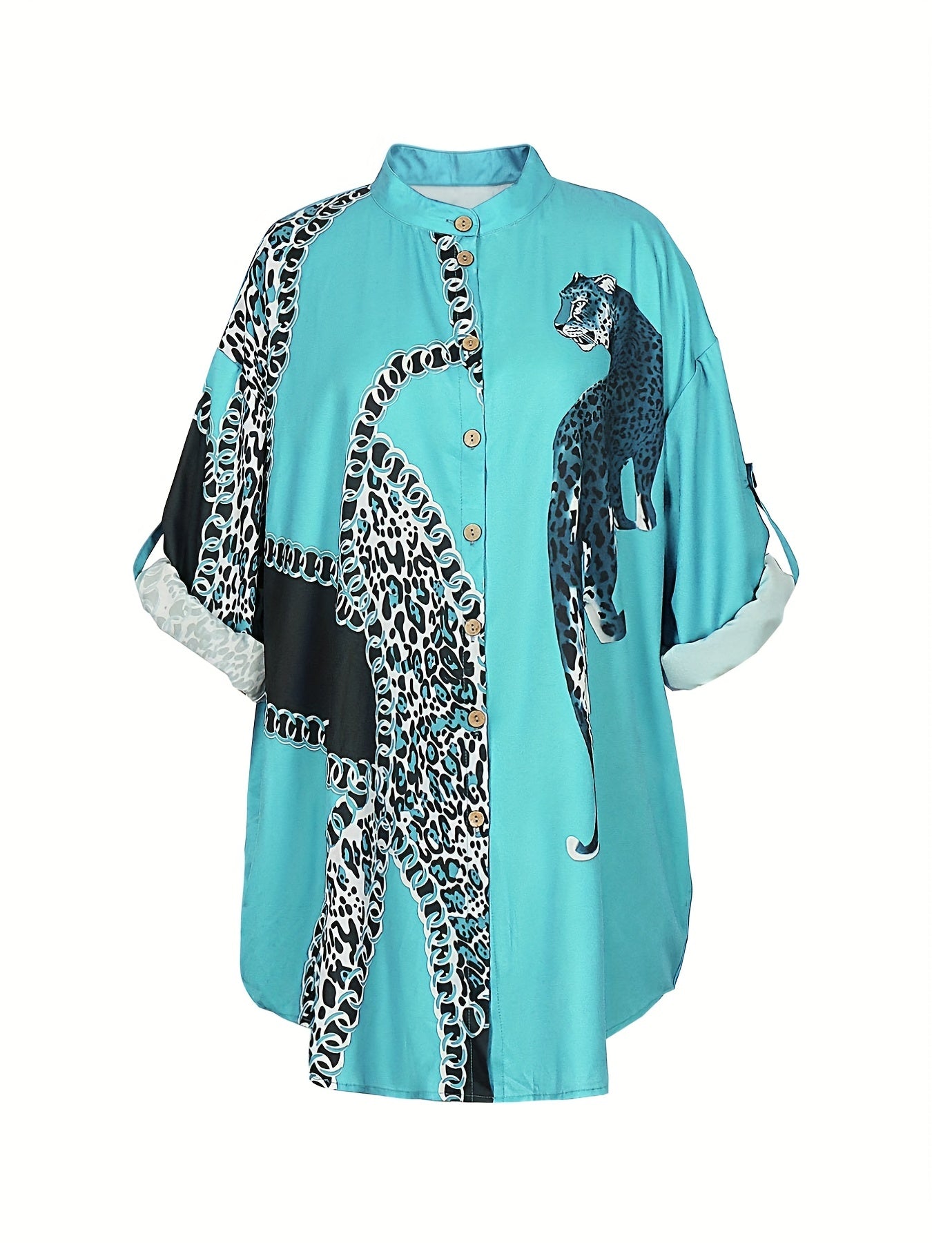 Casual Blouse Women's Plus Chain & Leopard Print Button Up