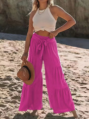 Smocked Waist Wide Leg Pants High Waist Casual Tiered