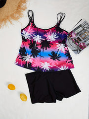 Coconut Tree Print Tank Top & Solid Shorts Swimsuit Set