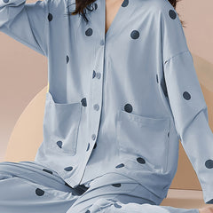 Polka Dot Pajama Set Long Sleeve V Neck Top & Pants Women's Sleepwear