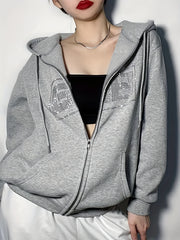 Solid Letter Print Drawstring Long Sleeve Hoodie
