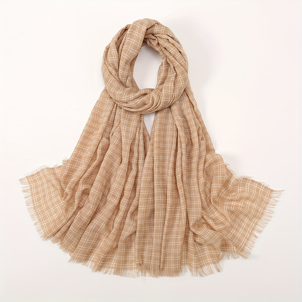 Sunscreen Plaid Cotton Linen Long Scarf