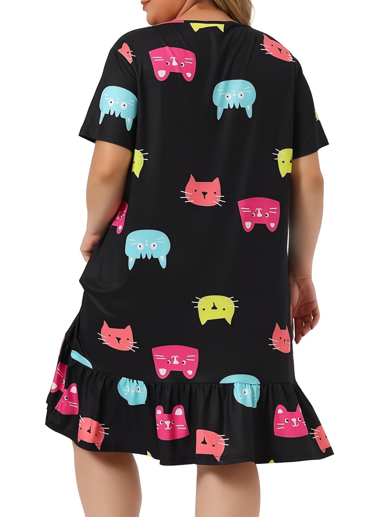 Colorful Cat Print Nightdress with Ruffle Trim