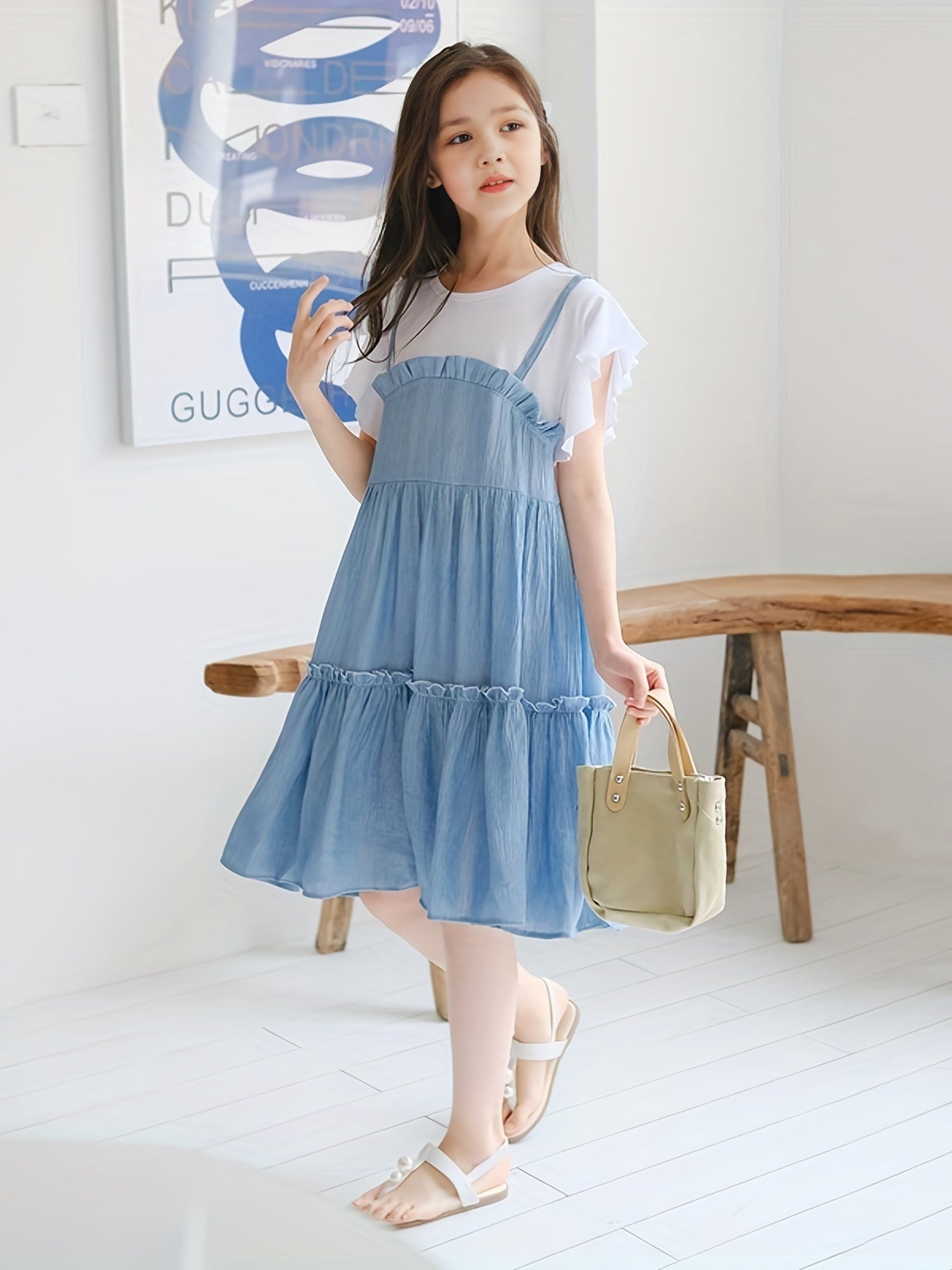 Girl's Cotton Suspenders Skirt Butterfly Sleeves T Shirt Pleated Skirt