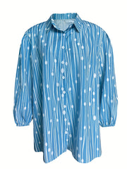 Boho Blouse Women's Plus Dot & Stripe Print Half Sleeve Button Up