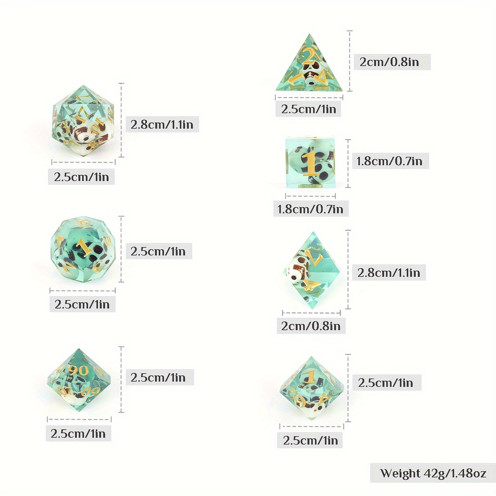 7pcs Green Skull Resin Golden Number Sharp Edge Dices for Role Playing