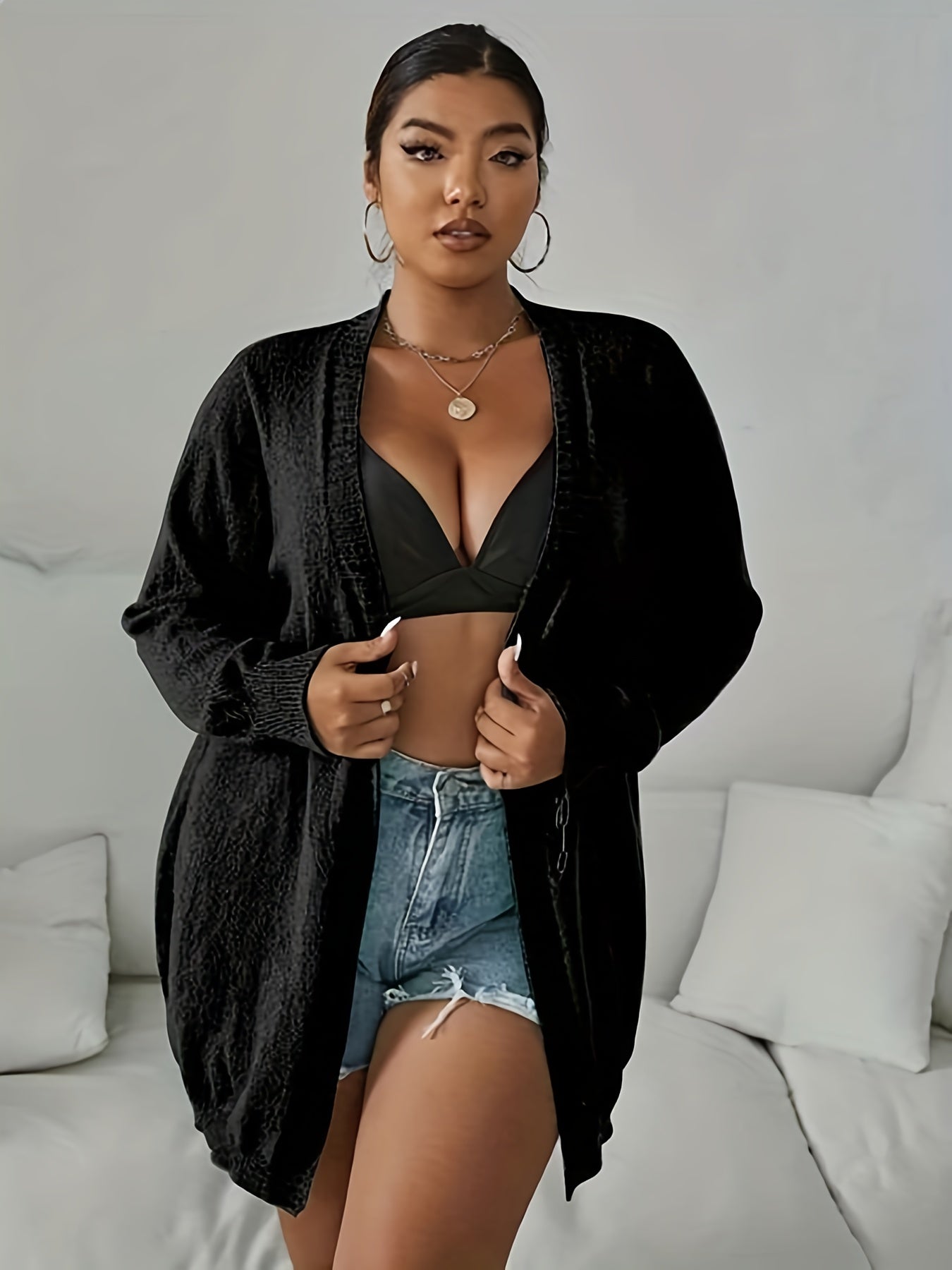 Women's Plus Open Front Long Sleeve Cardigan