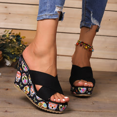 Skull Printed Wedge Sandals, Halloween Calavera Pattern Slip On Platform Shoes