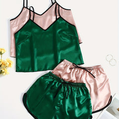 Solid Satin Pajama Set V Neck Cami Top & Shorts Women's Sleepwear