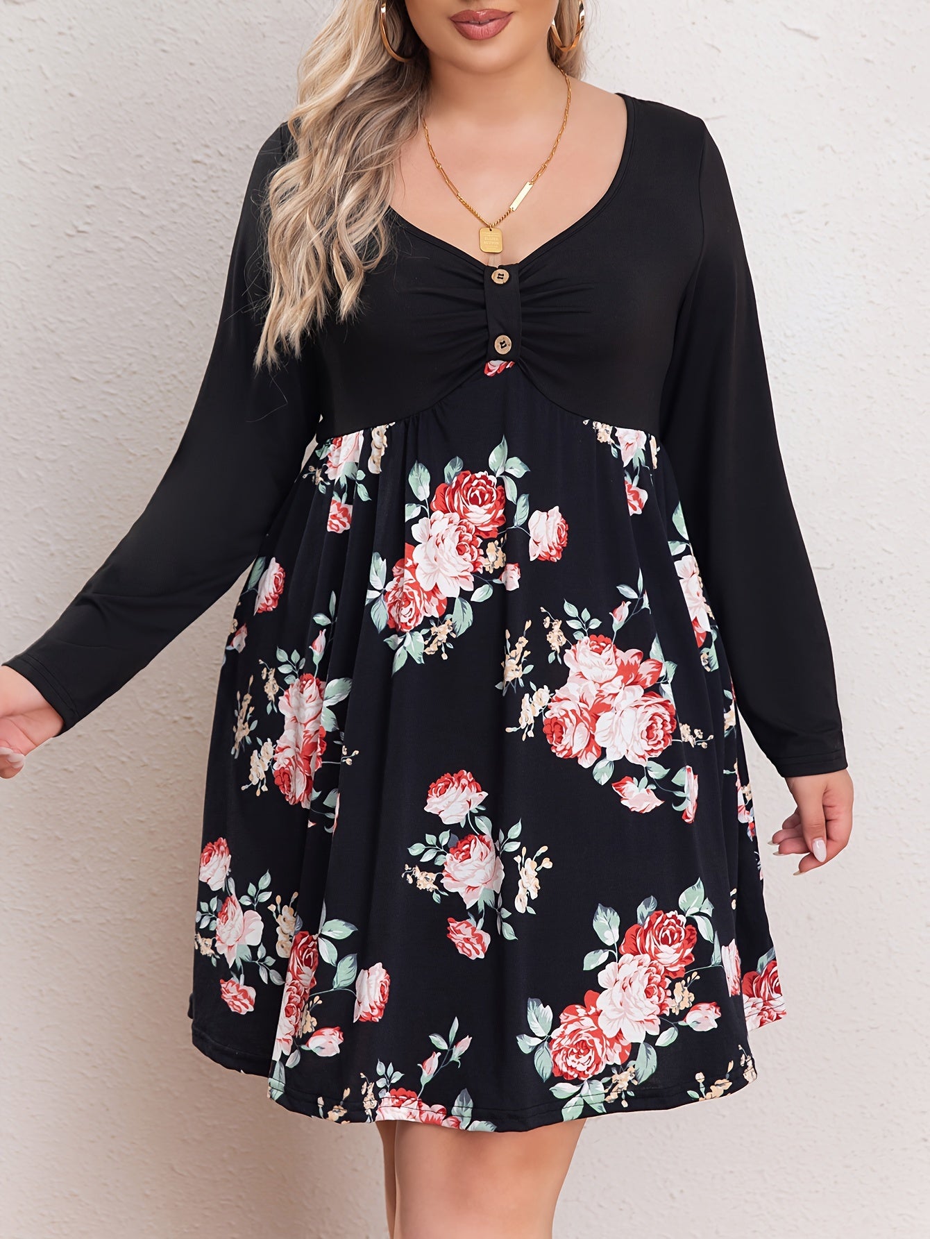 Colorblock Floral Print V Neck Dress