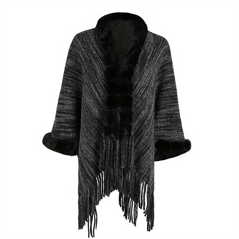 Fur Collar Cardigan Solid Warm Tassel Shawl Wrap Windproof Striped Shawl Cape