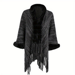 Fur Collar Cardigan Solid Warm Tassel Shawl Wrap Windproof Striped Shawl Cape