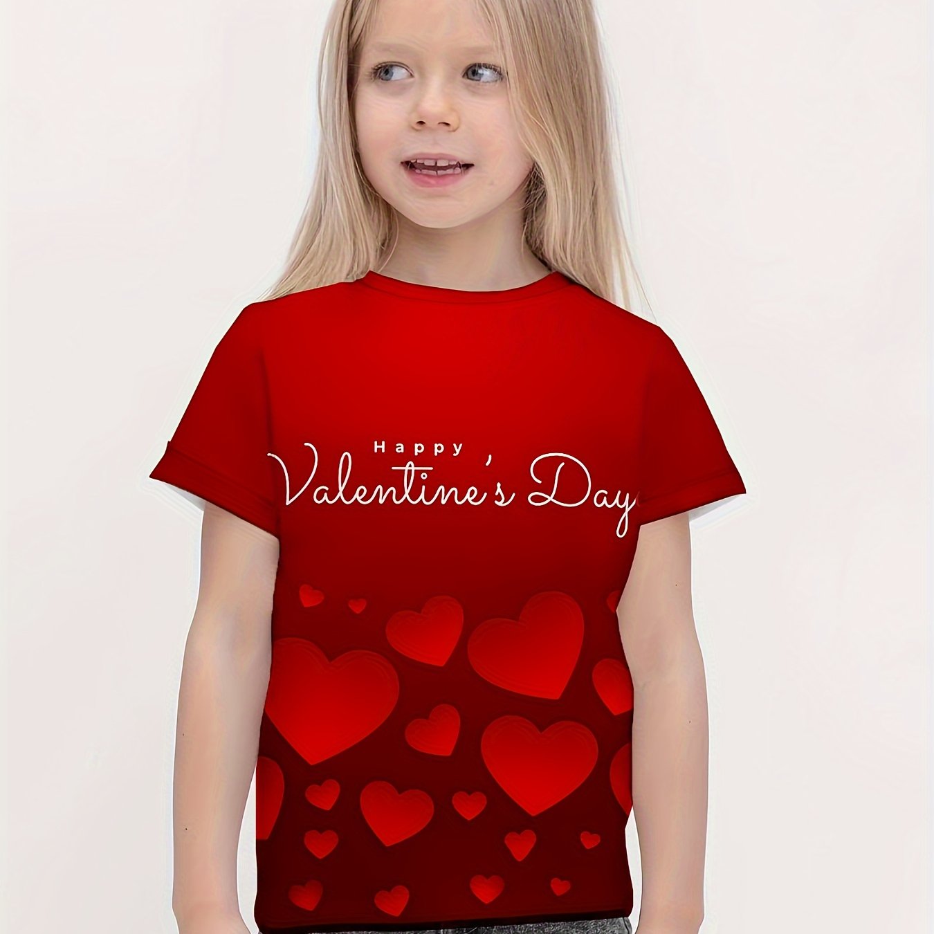 Heart & HAPPY Print Short Sleeve T shirt For Girls Summer Clothes