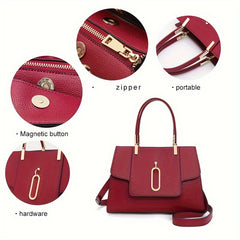 Wine Red Cowhide Tote Bag Zip Closure Vegan Leather