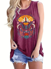 Floral Print Tank Top Summer Sleeveless Casual Crew Neck Women's Clothing