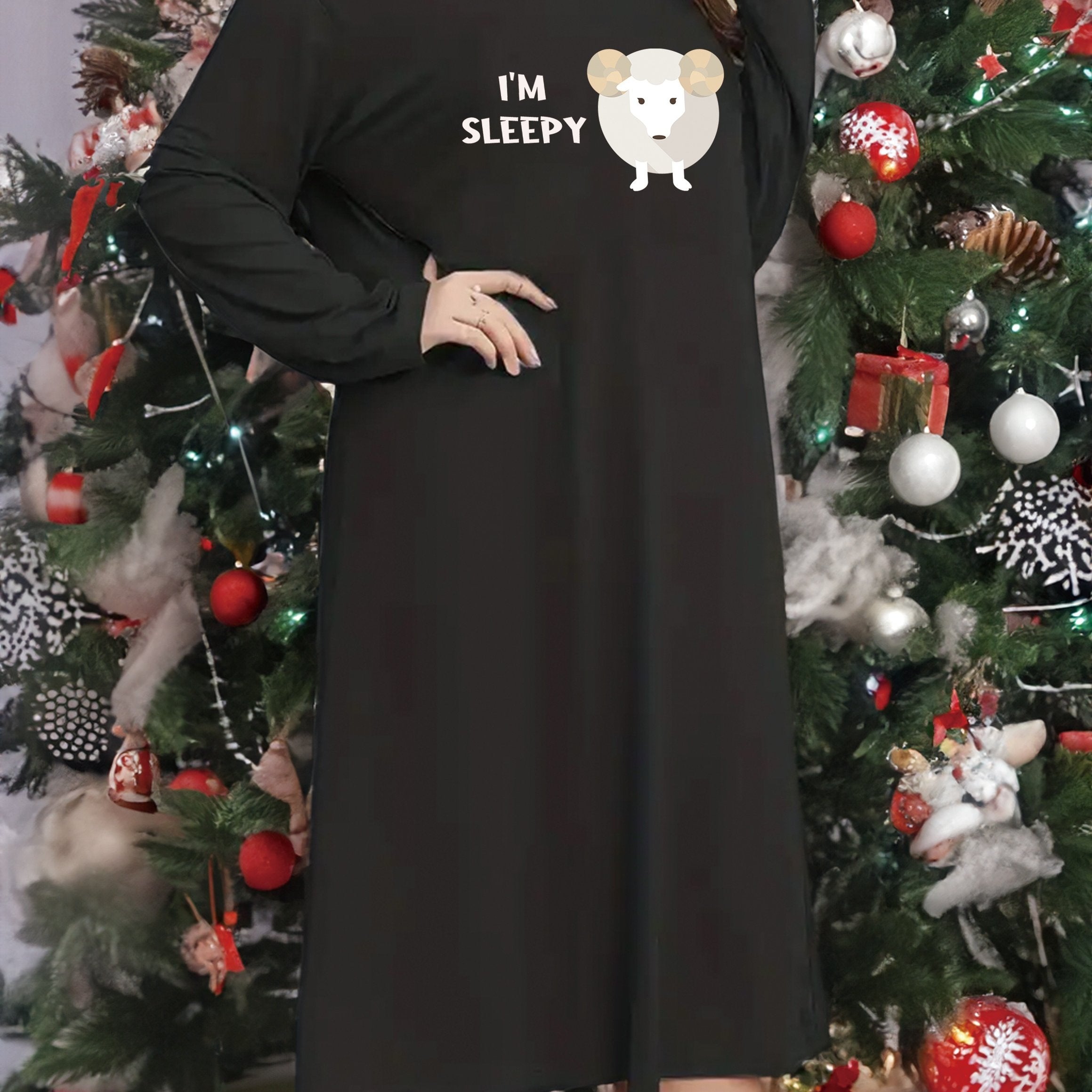 Sheep & Letter Graphic Nightdress Long Sleeve Round Neck Sleep Dress