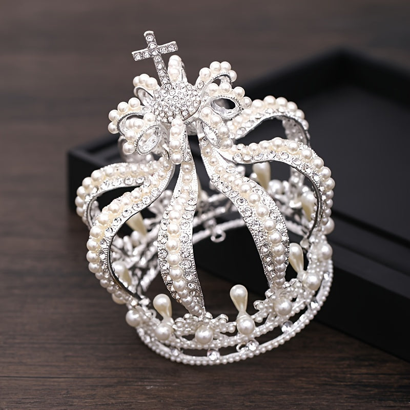 Baroque Crystal Faux Pearl Crown Tiara Women Wedding Hair Accessories