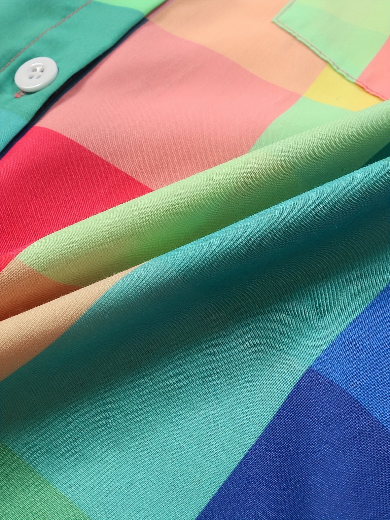 Colorful Grid Print Roll Up Sleeve Blouse