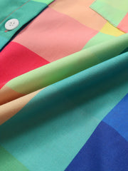 Colorful Grid Print Roll Up Sleeve Blouse