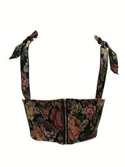 Vintage Floral Print Top Sleeveless Zipper Knotted Summer Top