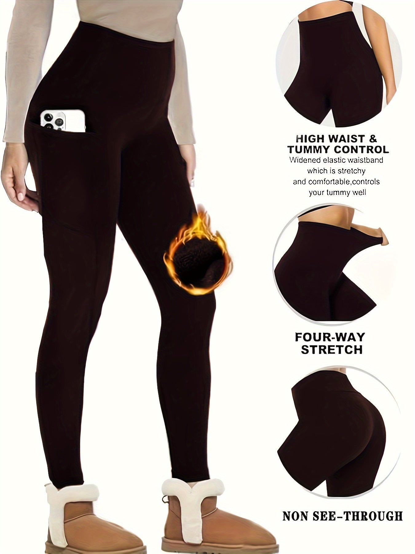 Solid Fleece Yoga Pants With Pocket High Stretch Leggings Women's Activewear