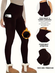 Solid Fleece Yoga Pants With Pocket High Stretch Leggings Women's Activewear