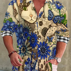 Cat & Flower Print Button Up Long Sleeve Shirt for Men