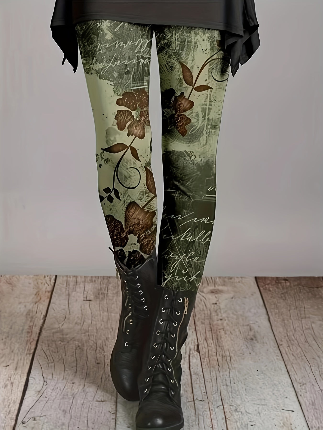 Casual Leggings Women's Plus Floral & Letter Print Skinny Leggings