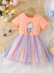 Toddler Girls Unicorn Graphic Mesh Princess Dress for Party