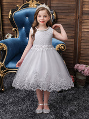 Girls Princess Dress Sleeveless Flower Embroidery Lace Mesh Tutu Dress