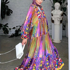 Plus Size Painting Print Maxi Dress Lantern Sleeve Kaftan