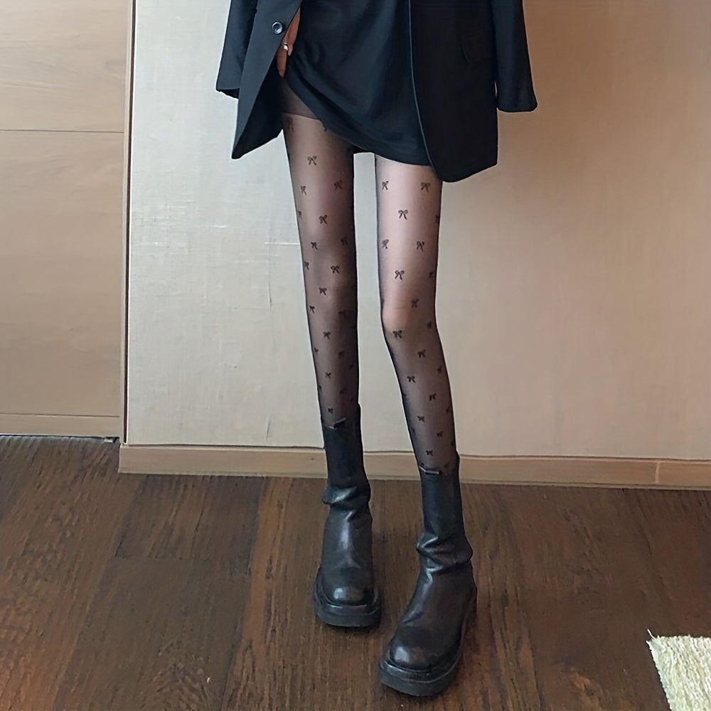 Bow Pattern High Waist Sheer Footed Pantyhose