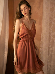 Satin Slip Nightdress Deep V Backless Spaghetti Strap Sleep Dress