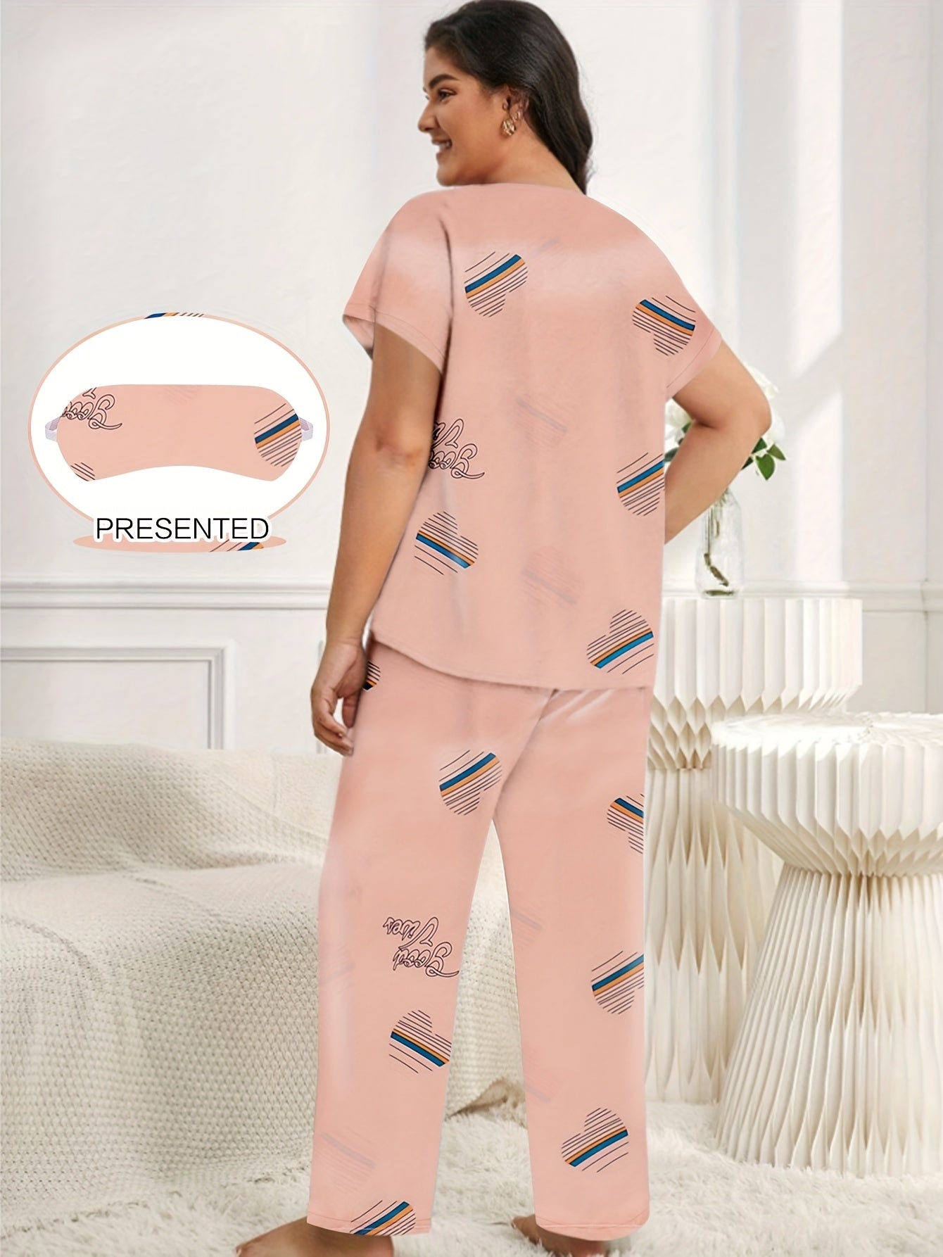 Heart Print Satin Pajama Set with Eye Mask