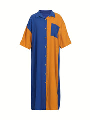 Colorblock Half Sleeve Button Up Shirt Dress