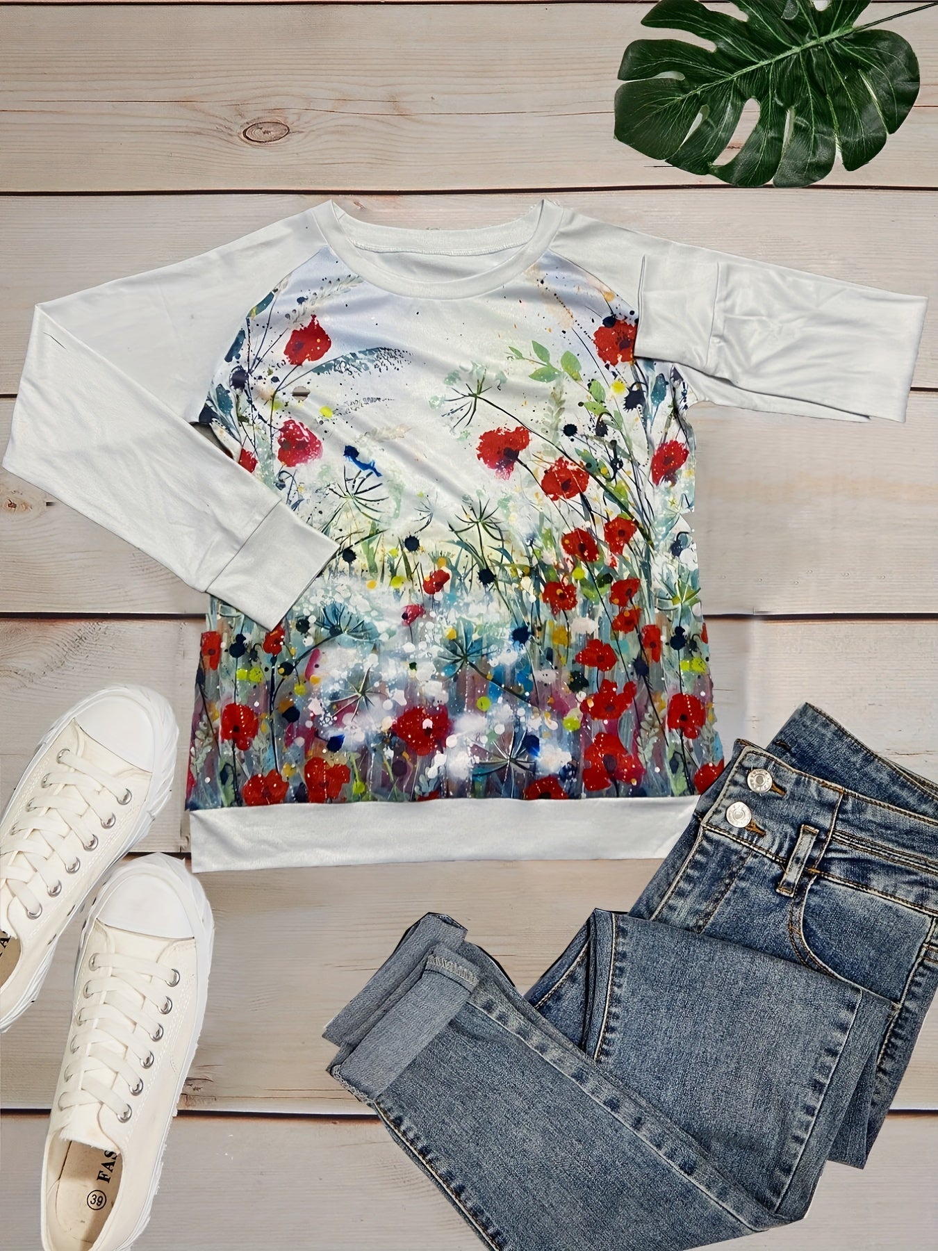 Graphic Print Crew Neck Long Sleeve T-shirt for Women