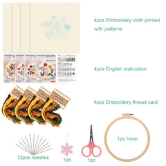 4pcs Floral Embroidery Kit Hoops Floss Threads Needles Cross Stitch Kits
