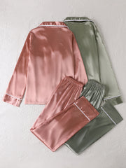 2 Sets Solid Satin Lounge Set Long Sleeve Buttons Top & Elastic Waistband Pants