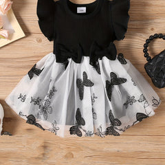 Baby Girls Casual Butterfly Bowknot Decor Mesh Sleeve Dress