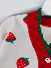 Girls Strawberry Jacquard Knit Cardigan Sweater