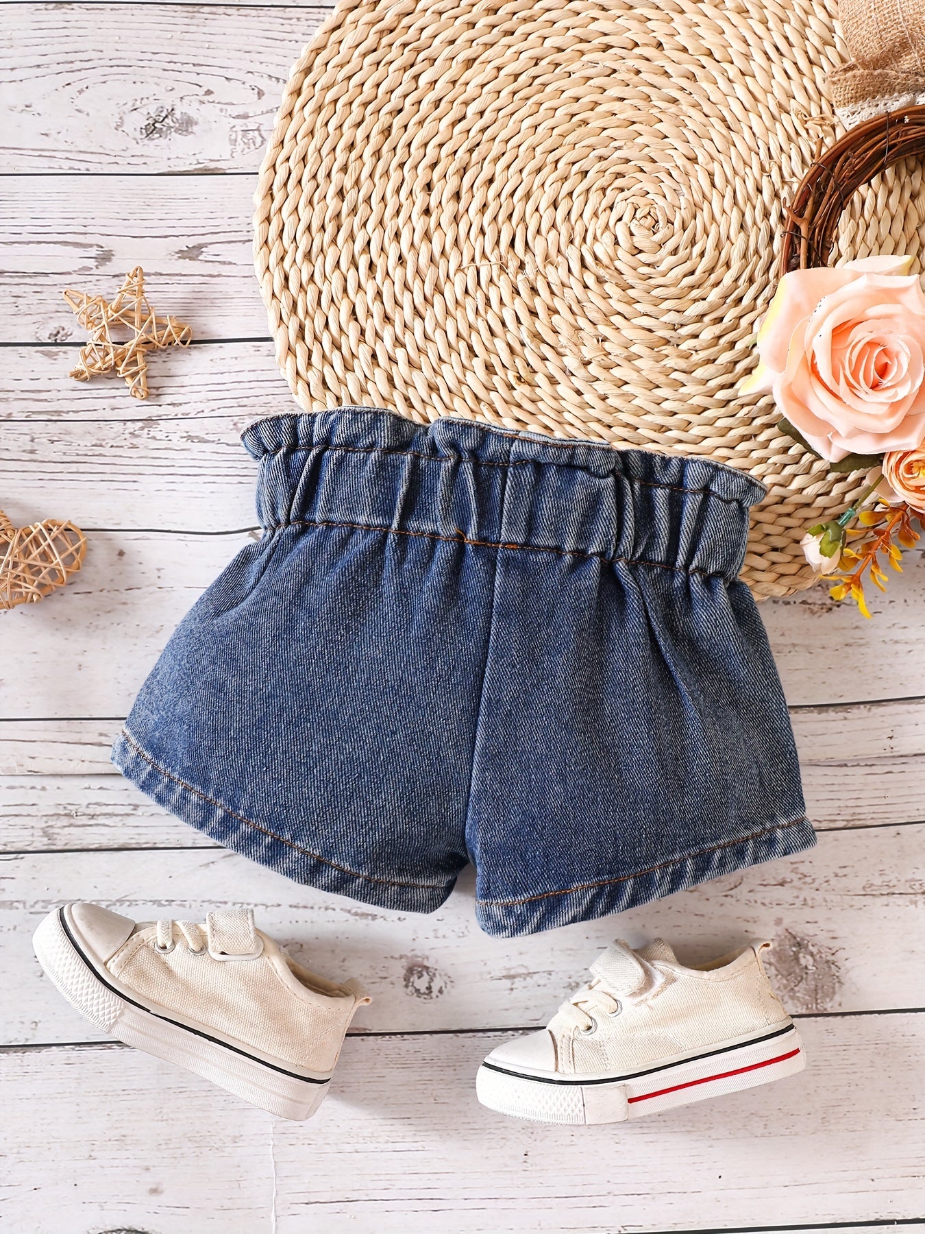 Cotton Toddler Baby Girls Washed Bow Short Jeans