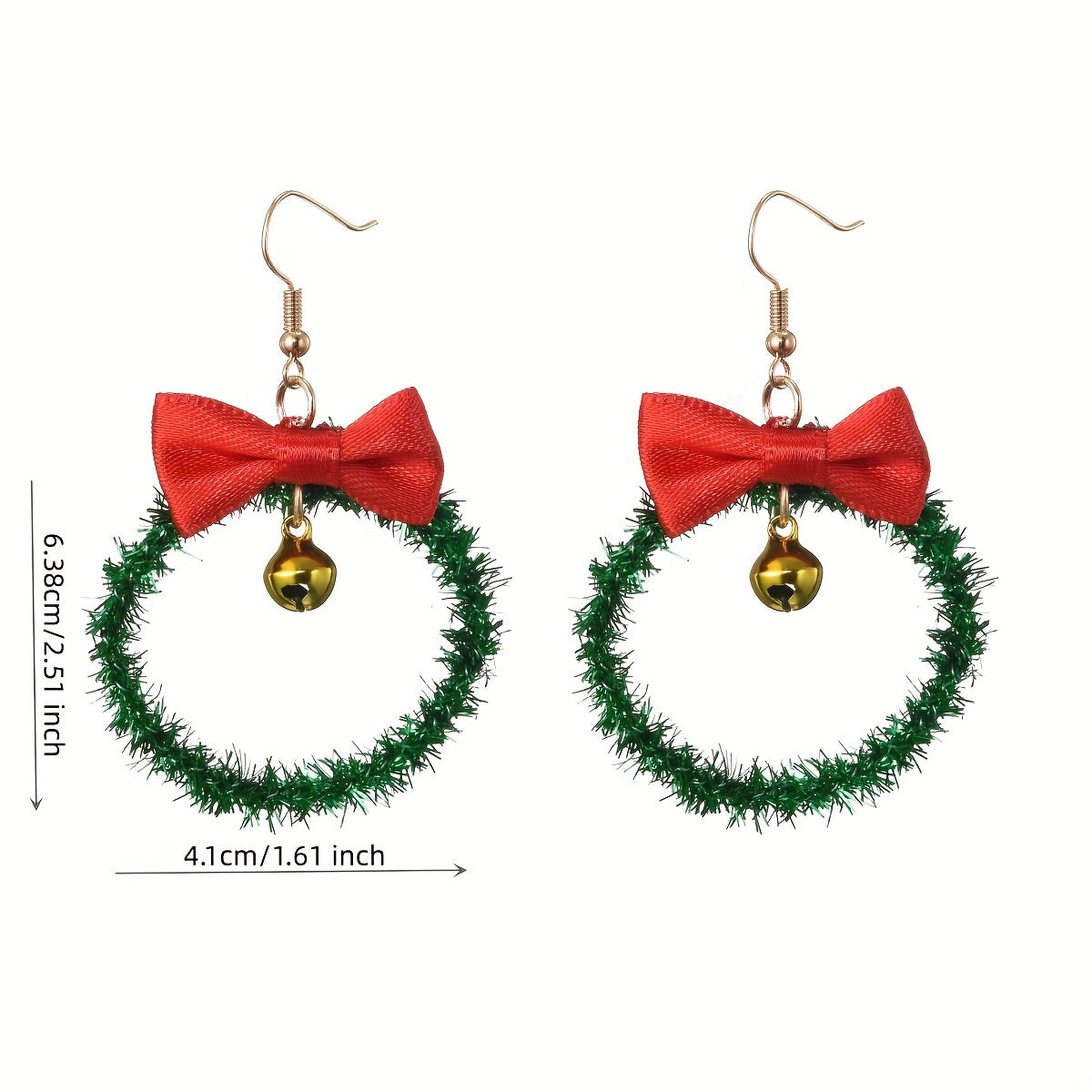 Christmas Wreath Dangle Earrings Sparkle Green Ribbon Red Bow Festive Jewelry