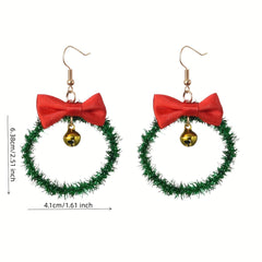 Christmas Wreath Dangle Earrings Sparkle Green Ribbon Red Bow Festive Jewelry