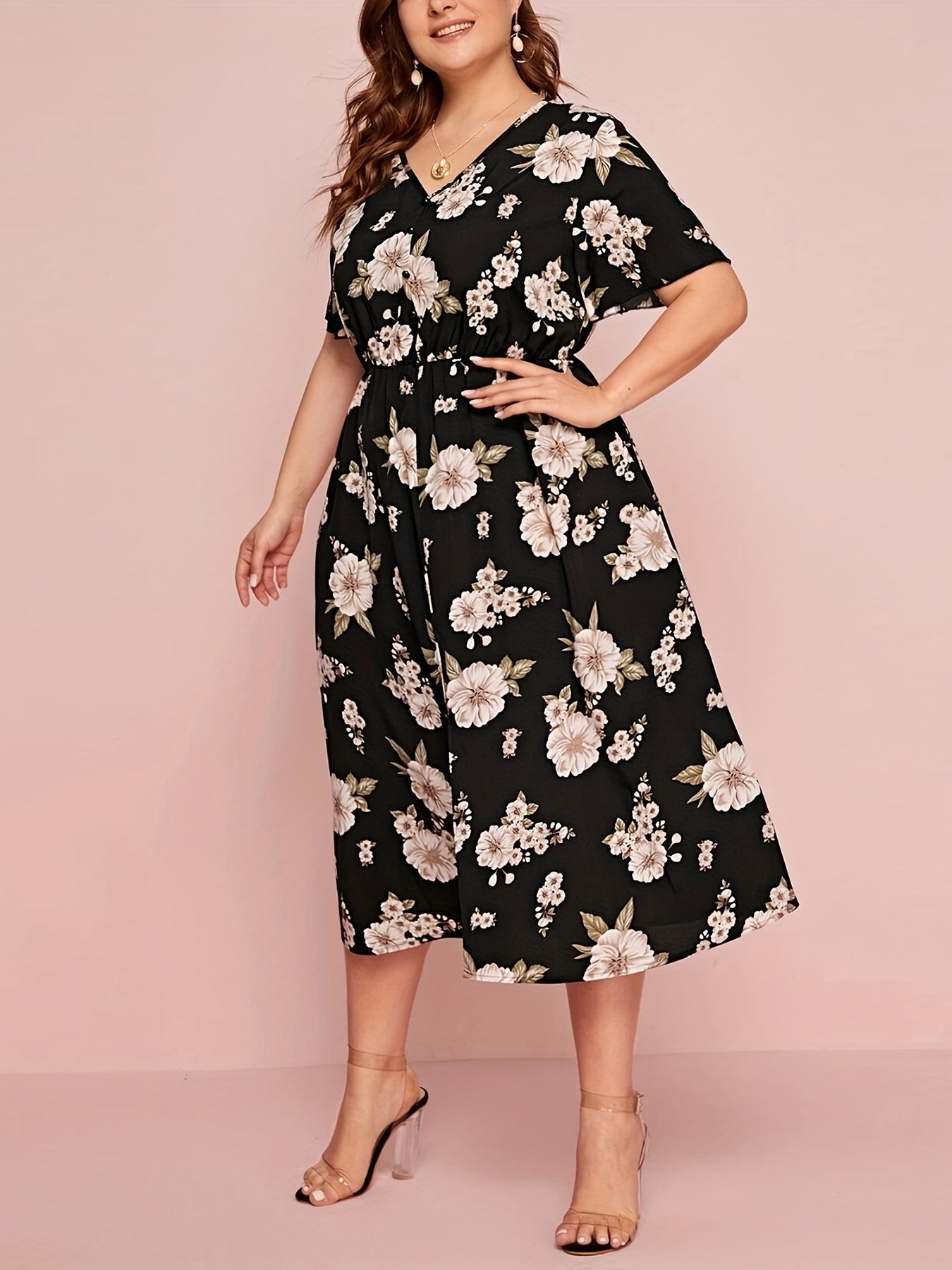 Floral Print Short Sleeve V Neck Dress