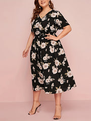 Floral Print Short Sleeve V Neck Dress