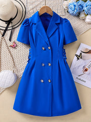 Girls' Lace Up Waist Lapel Short Sleeve Dress Casual Fit Kids Party Dresses