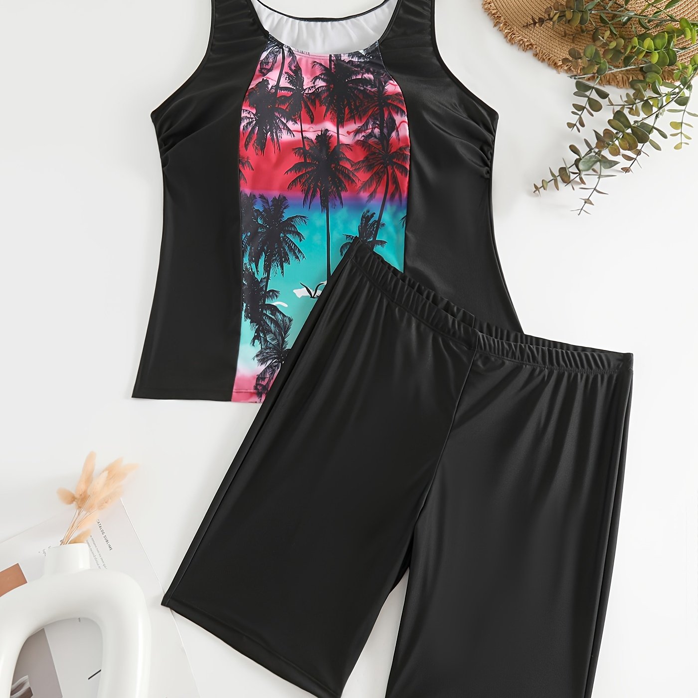 Sporty Tankini Set Contrast Tropical Print Tank Top
