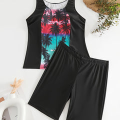 Sporty Tankini Set Contrast Tropical Print Tank Top