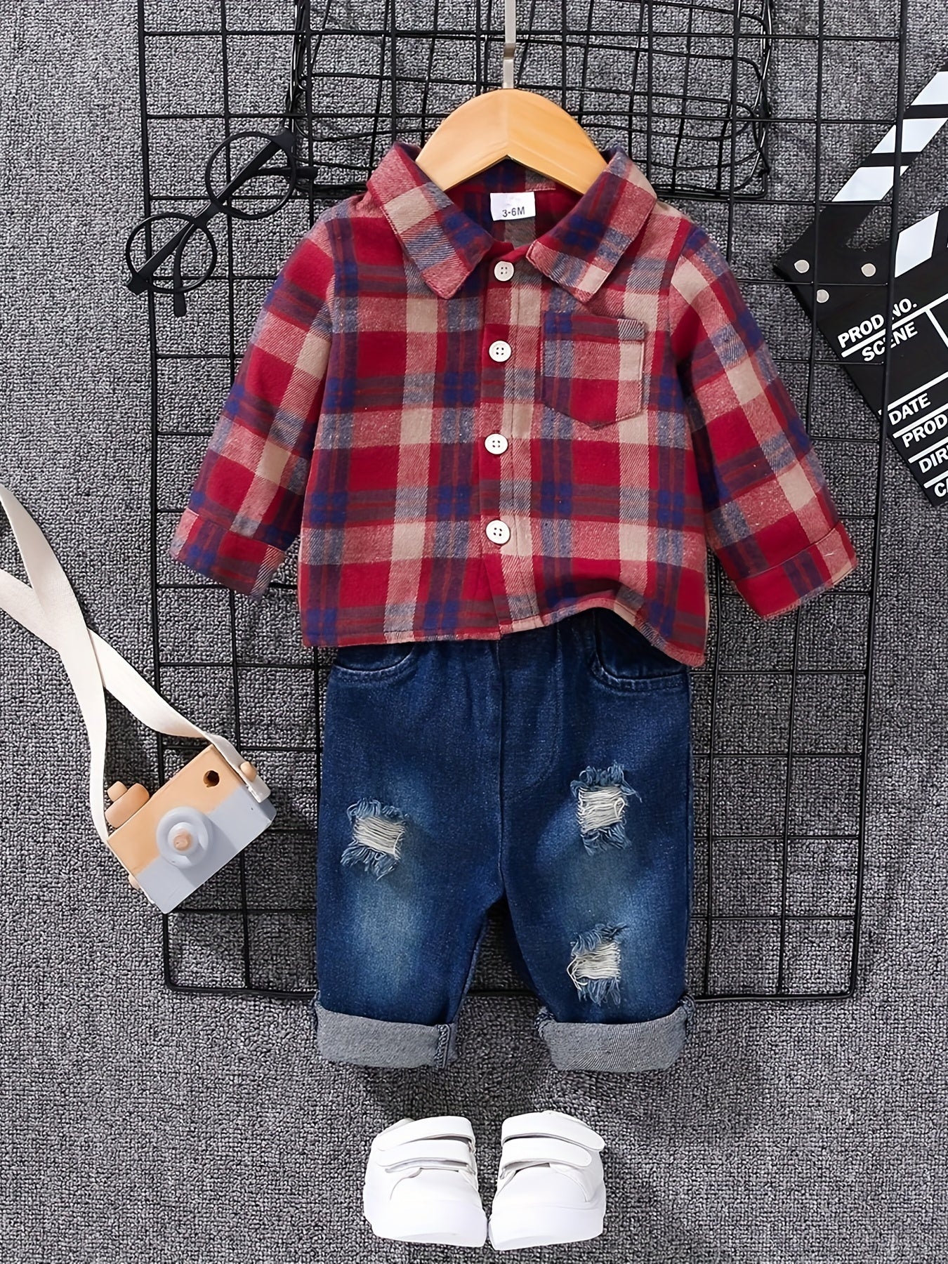 Kids Outfit Button Down Shirt Ripped Jeans Suit