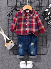 Kids Outfit Button Down Shirt Ripped Jeans Suit